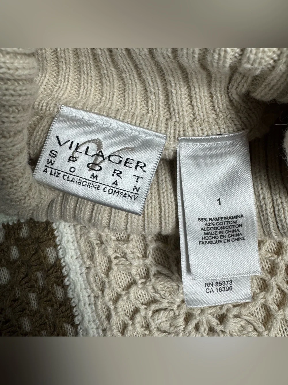 Vtg Y2K Villager Liz Claiborne Cream Brown Crochet Patchwork Turtleneck Sweater